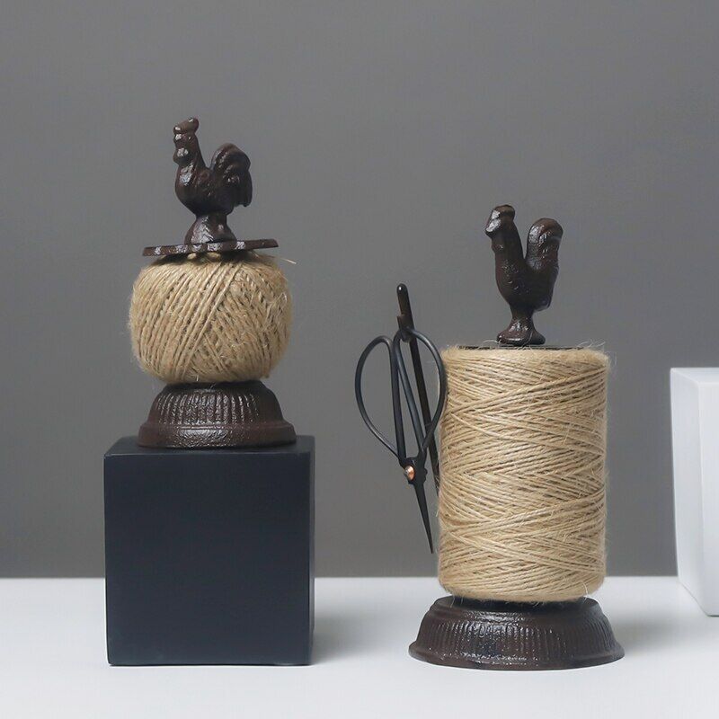 Animal Statue Cast Iron Antique Rustic Big Rooster Hemp Rope Roll Scissor Holder