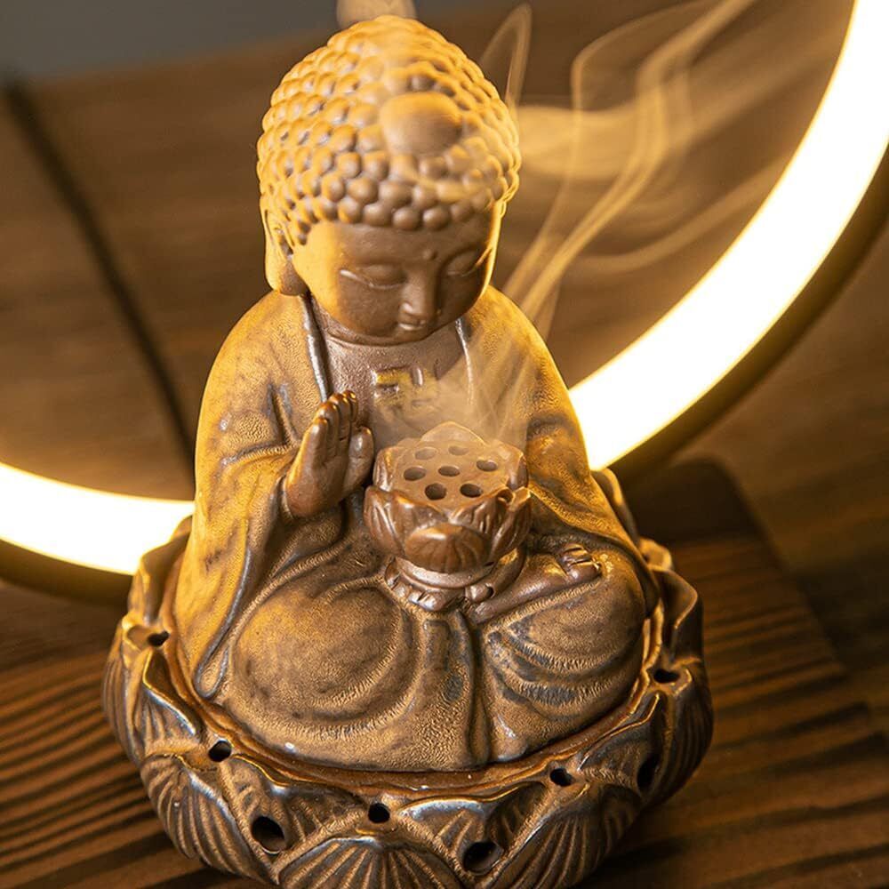 Ceramic Buddha Incense Burner with LED Light Home Office Decoration Gift Mystic