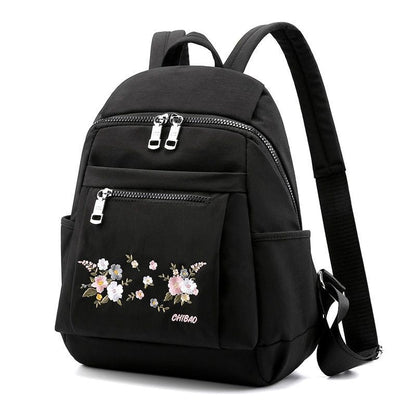 Nylon Backpack Black Zipper School Bags Flower Embroidery Rucksack High Capacity