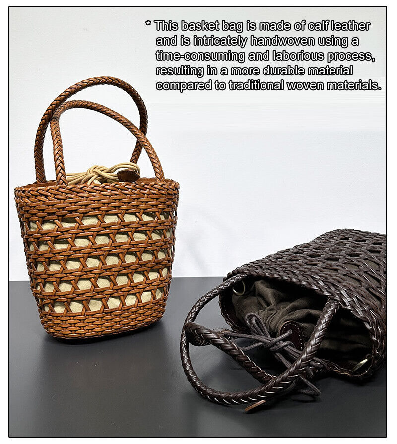 Small Woven Real Leather Drawstring Basket Bag Tote Bucket Beach Shoulder Bag