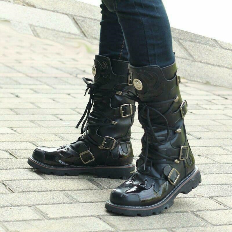 Gothic Mens Punk Lace Up Knee High Boot Military Motorcycle Black Biker Shoes
