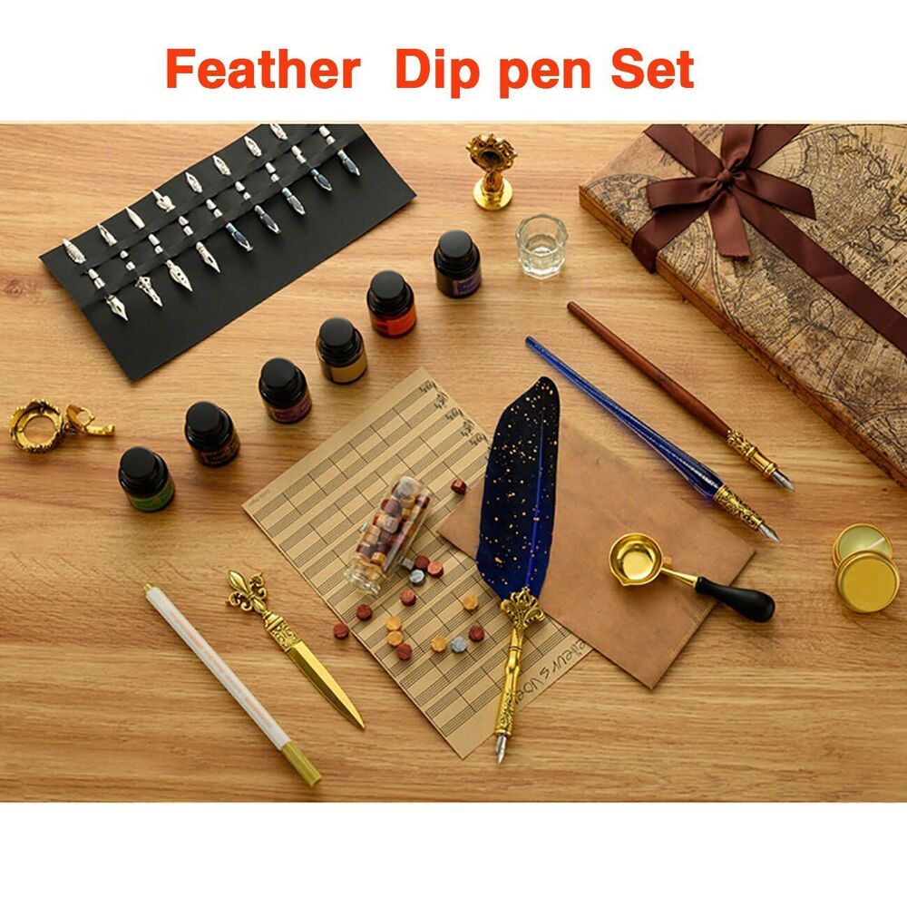 Wax Stamps Seal Feather Dip Quill Ink Gift Calligraphy Sealing Kits 2 3 Pen Sets