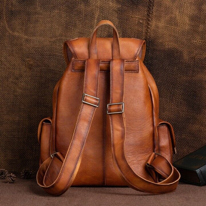 Cow Leather Men's Drawstring Backpack, Retro Travel Bag 15.6" Laptop Backpack