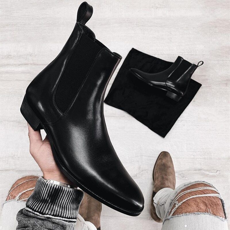 Boots Men Black Low-heeled Business Slip-on Shoes Men Mens Ankle Boots