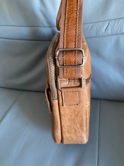 100% Genuine Leather Men's Sling Shoulder/Messenger Bag Double Zipper Brown Bag