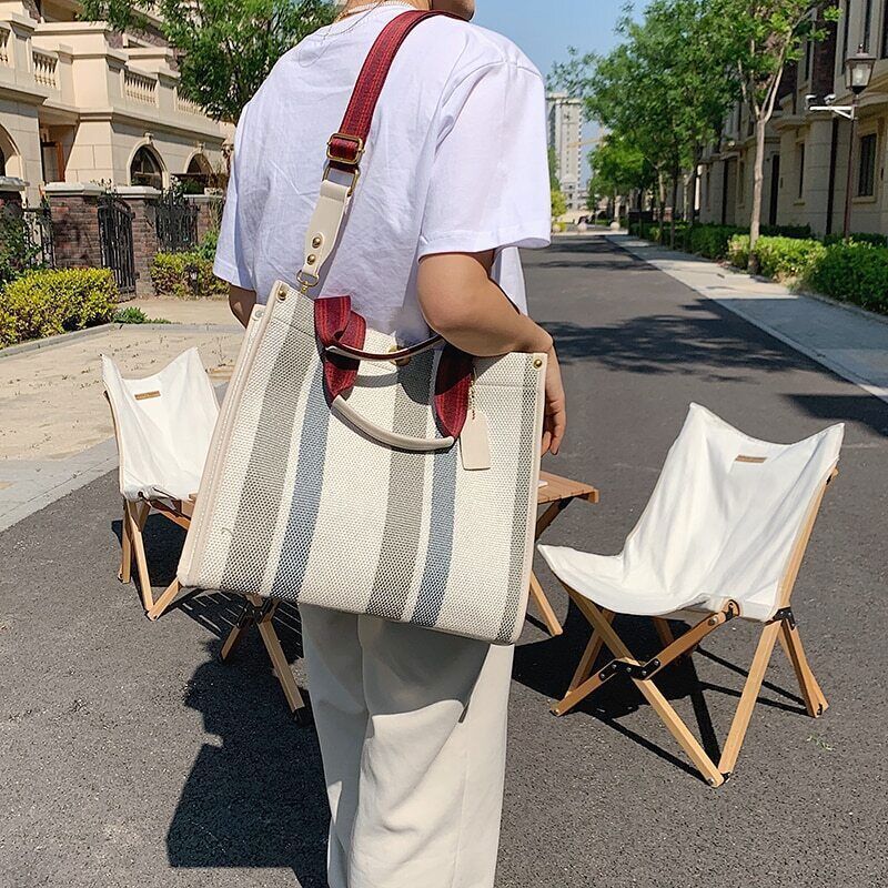 Tote Bag Stripe Canvas Handbag Women Wide Shoulder Bag Female Shoulder Bag