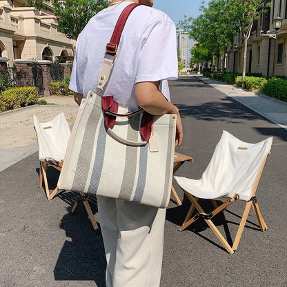 Tote Bag Stripe Canvas Handbag Women Wide Shoulder Bag Female Shoulder Bag