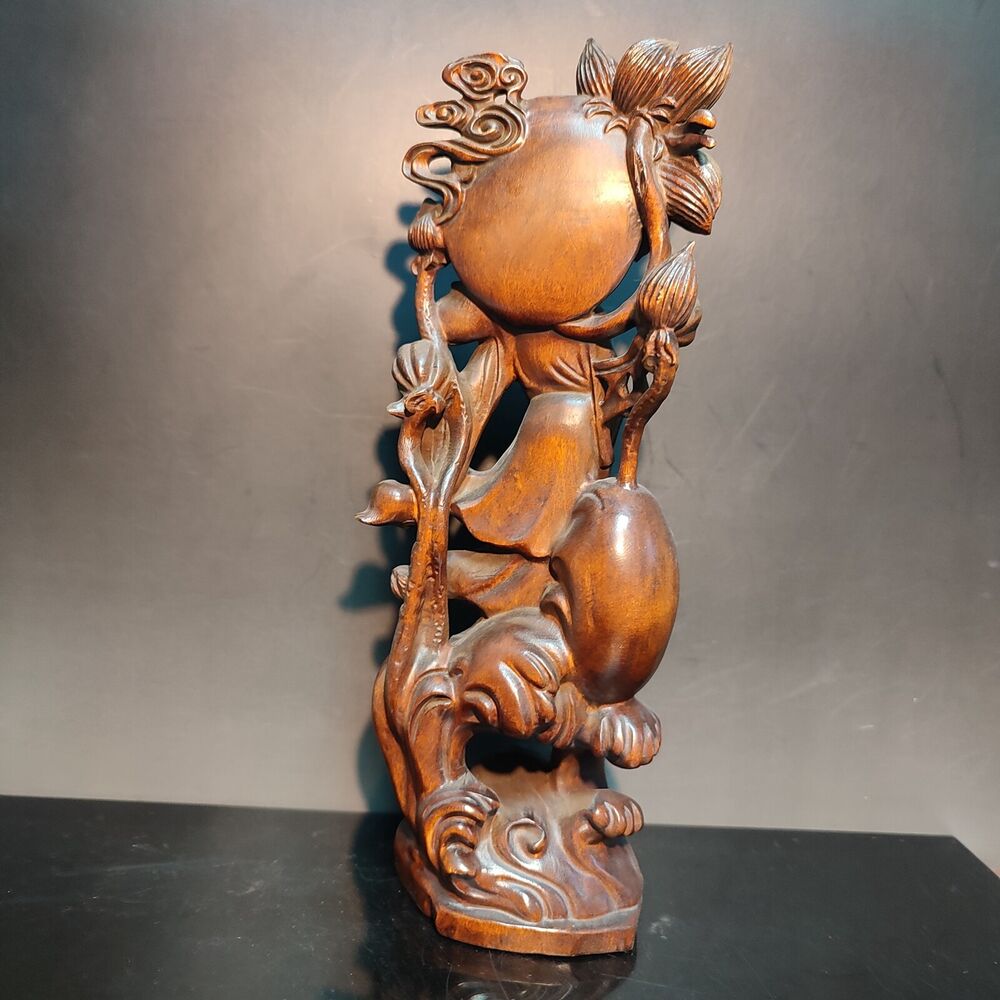 8" Vintage Wooden Carved Holding Lotus Kwan Yin Bodhisattva Statue Wood Figure