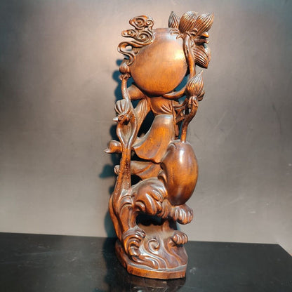 8" Vintage Wooden Carved Holding Lotus Kwan Yin Bodhisattva Statue Wood Figure