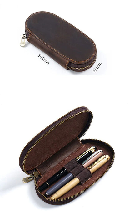 Pencil Case Zipper Leather Bag 3 Pens Capacity Student Stationery Storage Holder