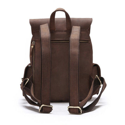 100% Crazy Horse Leather Women's Retro Backpack Travel Multi-pocket Rucksack Bag