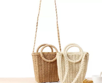 Fashion Women Round Handle Crossbody Mini Messenger Daily Straw Purse Polyester