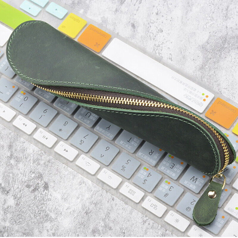 Handmade Cowhide Leather Vintage Zipper Pencil Case S-Shape Pen Bag