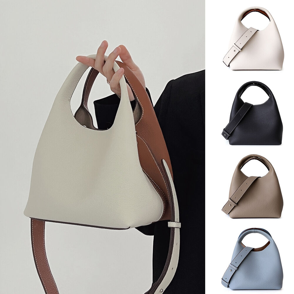 Contrast Real Leather Tote Handbag Purse Bucket Shoulder Bag Hobo w/ Zip Bag