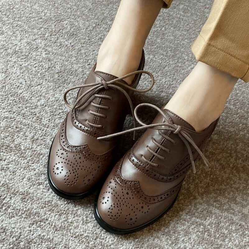 Womens Lace Up Round Toe Pumps Brogue Wing Tip Oxford College Style Casual Shoes