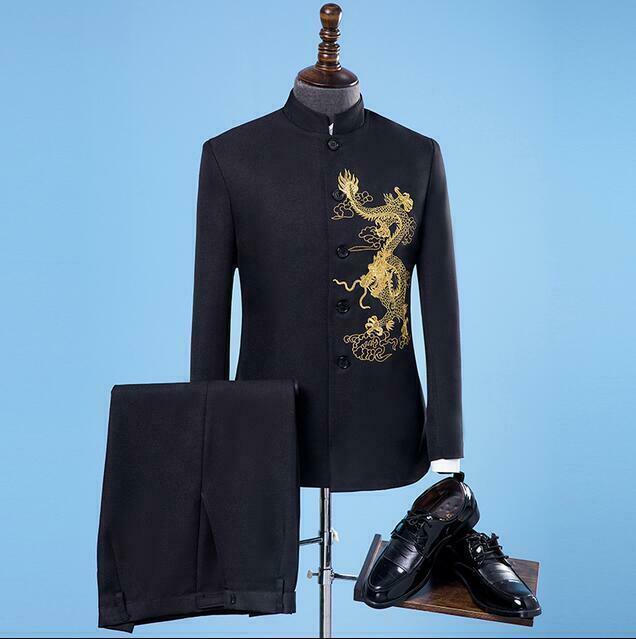 New Mens Chinese Embroidered Stand Collar Suit Slim Fit Jacket Pants Coat 2 Pcs