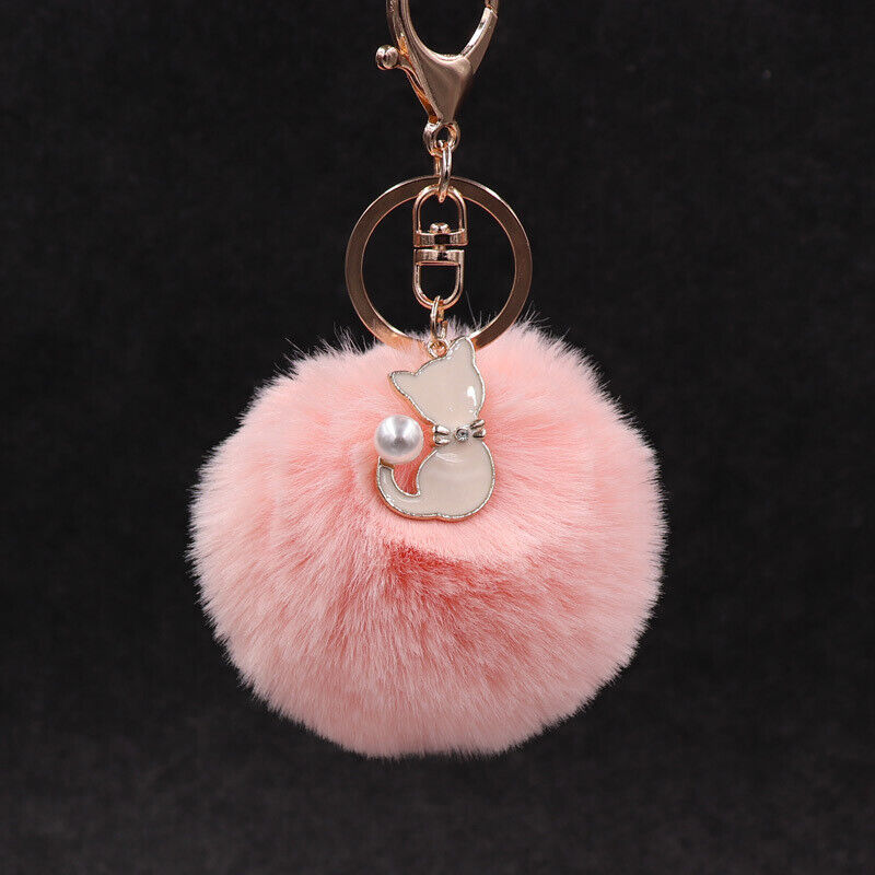 Cute Pompom Cat Key Chain Fluffy Key Ring Bag Car Trinket Female Party GiftL-ca