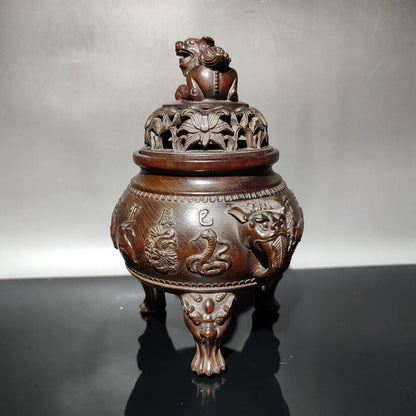 Boxwood Tripod Censer buddha incense holder lion statue Animal figurines antique