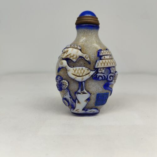 collections Old Beijing chinese glass snuff bottle carved crane statue carving