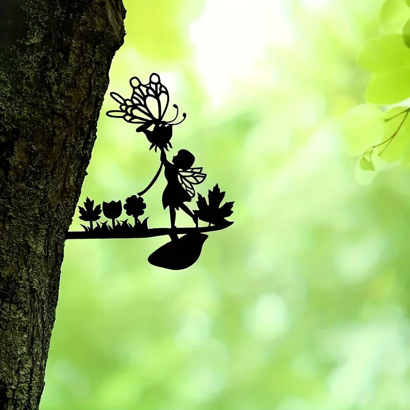 Mushroom Fairy Wall Decoration, Metal Wall Art Tree Trunk Decoration Wooden Post