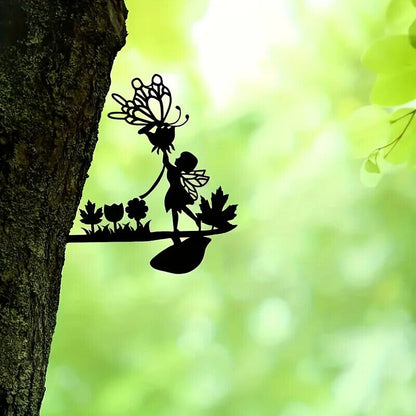 Mushroom Fairy Wall Decoration, Metal Wall Art Tree Trunk Decoration Wooden Post