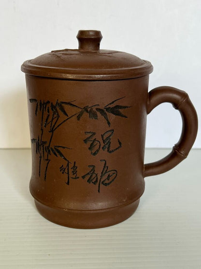 Chinese Yixin Zisha Clay Hand Carved Tea Mug With Lid Bamboo Style