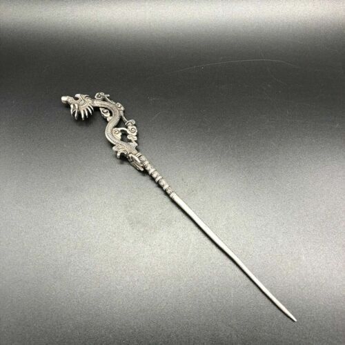 Chinese Old Tibetan silver Copper hand carved Dragon hairpin Statues