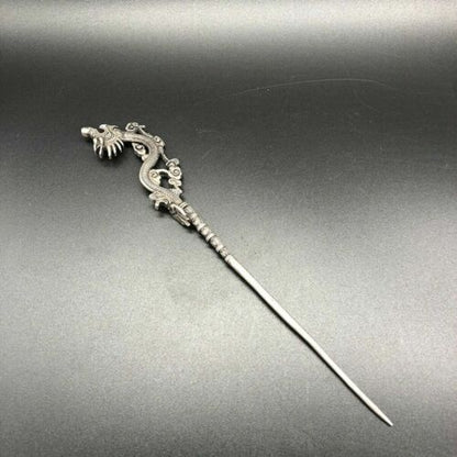 Chinese Old Tibetan silver Copper hand carved Dragon hairpin Statues