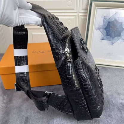 Original Crocodile Skin Leather Crossbody Bag, Men's Luxury Black Sling Backpack