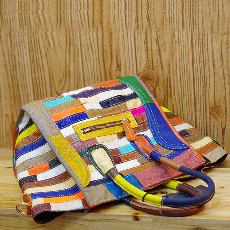 Women's Bag Luxury Genuine Leather Tote Colorful Blocks Patchwork Crossbody Bag