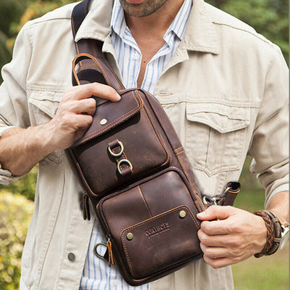 Men's Sling Backpack Crazy Horse Leather Large Capacity Chest Bag Crossbody Bag