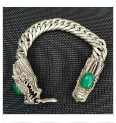 Collectible China Green Jade Tibet Silver Handwork Auspicious Dragon Bracelet