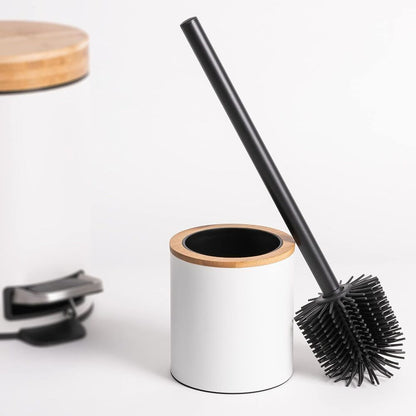 Stainless Steel Toilet Brush Silicone Head & Toilet Brush Holder in Wooden Optic
