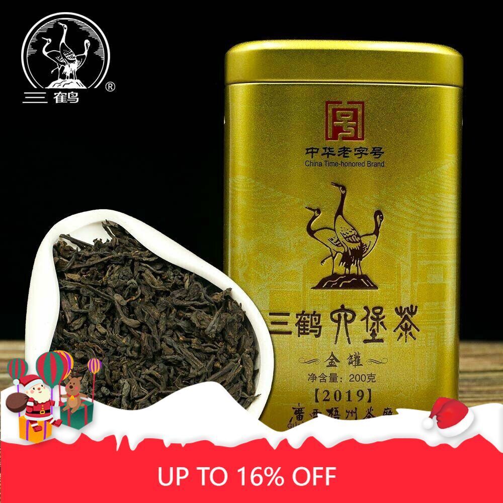 Three Cranes Loose Dark Tea Guangxi Liupao Box Tea Hei Cha Golden Jar 200g