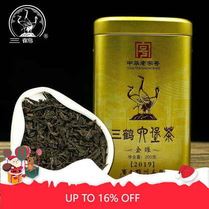 Three Cranes Loose Dark Tea Guangxi Liupao Box Tea Hei Cha Golden Jar 200g