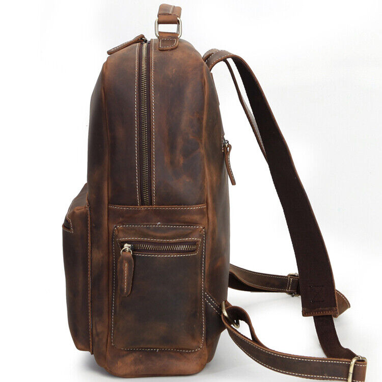 100%Crazy Horse Leather Men's Retro Backpack, Travel Rucksack Daypack School Bag