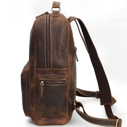 100%Crazy Horse Leather Men's Retro Backpack, Travel Rucksack Daypack School Bag