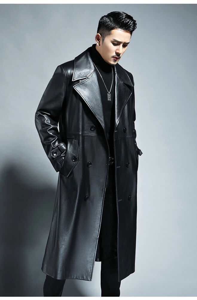 Spring Autumn Pu Leather Trench Coat Men Double Breasted Outerwear