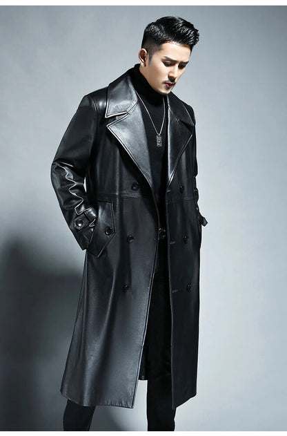 Spring Autumn Pu Leather Trench Coat Men Double Breasted Outerwear