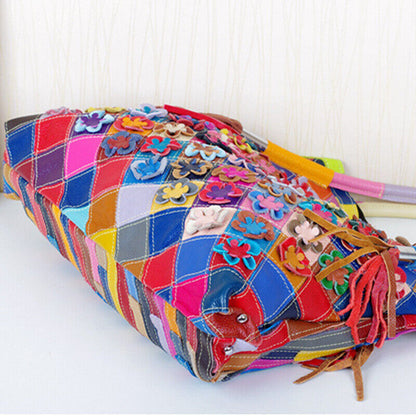 100% Genuine Leather Colorful Floral Patchwork Handbag Women's Tote Shoulder Bag