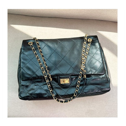 33/39cm Large Quilted Real Leather Flap Purse Shoulder Bag Chain Handbag Fashion