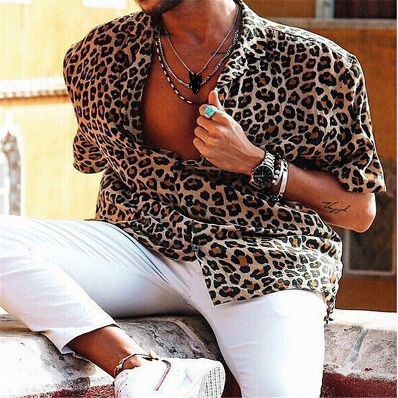 Men Leopard Print T Shirts Occident Baggy Beach Short Sleeve Blouse Tops Casual