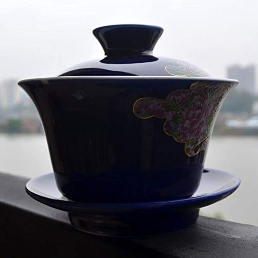 Gaiwan 5oz/150ml Blue White Porcelain Sancai Teacups Rich Peony Tureen Lid bowl