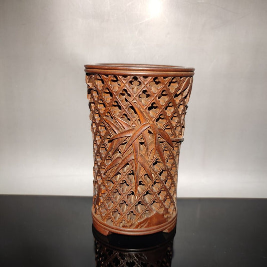 chinese bamboo carving antique carved brush pot pen case wood statue bamboo leaf