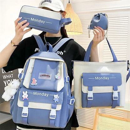 5pcs Sets Kids Backpack Women's Bagpack Bookbag Girls Rucksack Students Bag