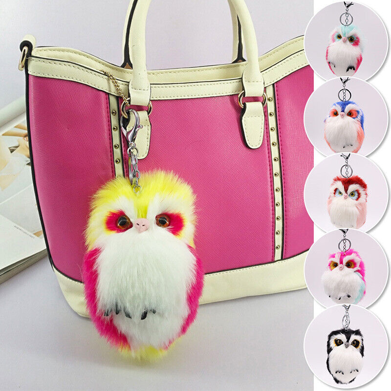Cute Rabbit Fur Furry Owl Pendant Bag Charm Key Chain Plush Animal Car Pendant