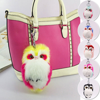 Cute Rabbit Fur Furry Owl Pendant Bag Charm Key Chain Plush Animal Car Pendant