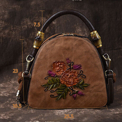 Women's Retro Genuine Leather Handbags Embossed Flower Crossbody Shoulder Bag