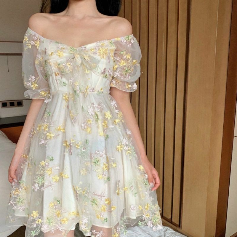 Women Dress Floral Puff Sleeve Lace Chiffon Print Mini Vintage Fairy Cotton Lace