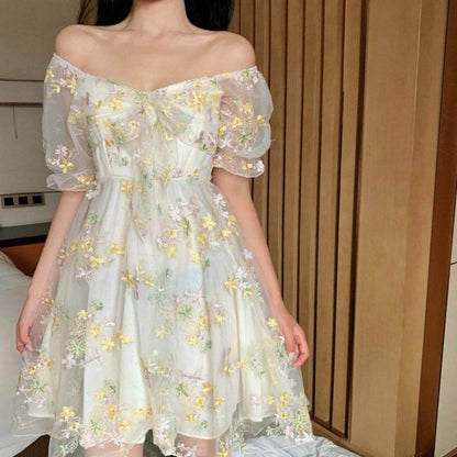 Women Dress Floral Puff Sleeve Lace Chiffon Print Mini Vintage Fairy Cotton Lace